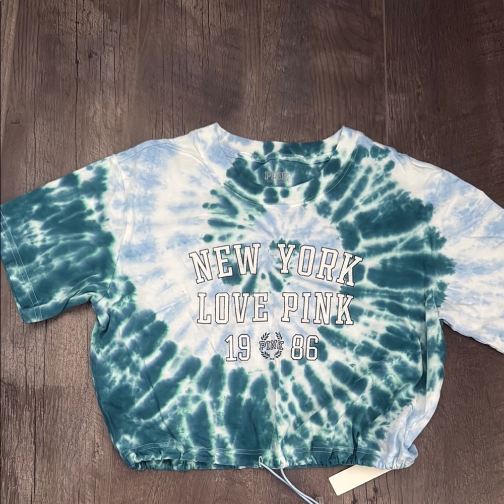 PINK Victoria's Secret Blue and White Short Sleeve Tee